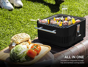 Everdure CUBE Portable Charcoal Grill, Tabletop BBQ, Perfect Tailgate, Beach, Patio, or Camping Grill, Lightweight & Compact Small Grill with Preparation Board & Food Storage Tray, Matte Black