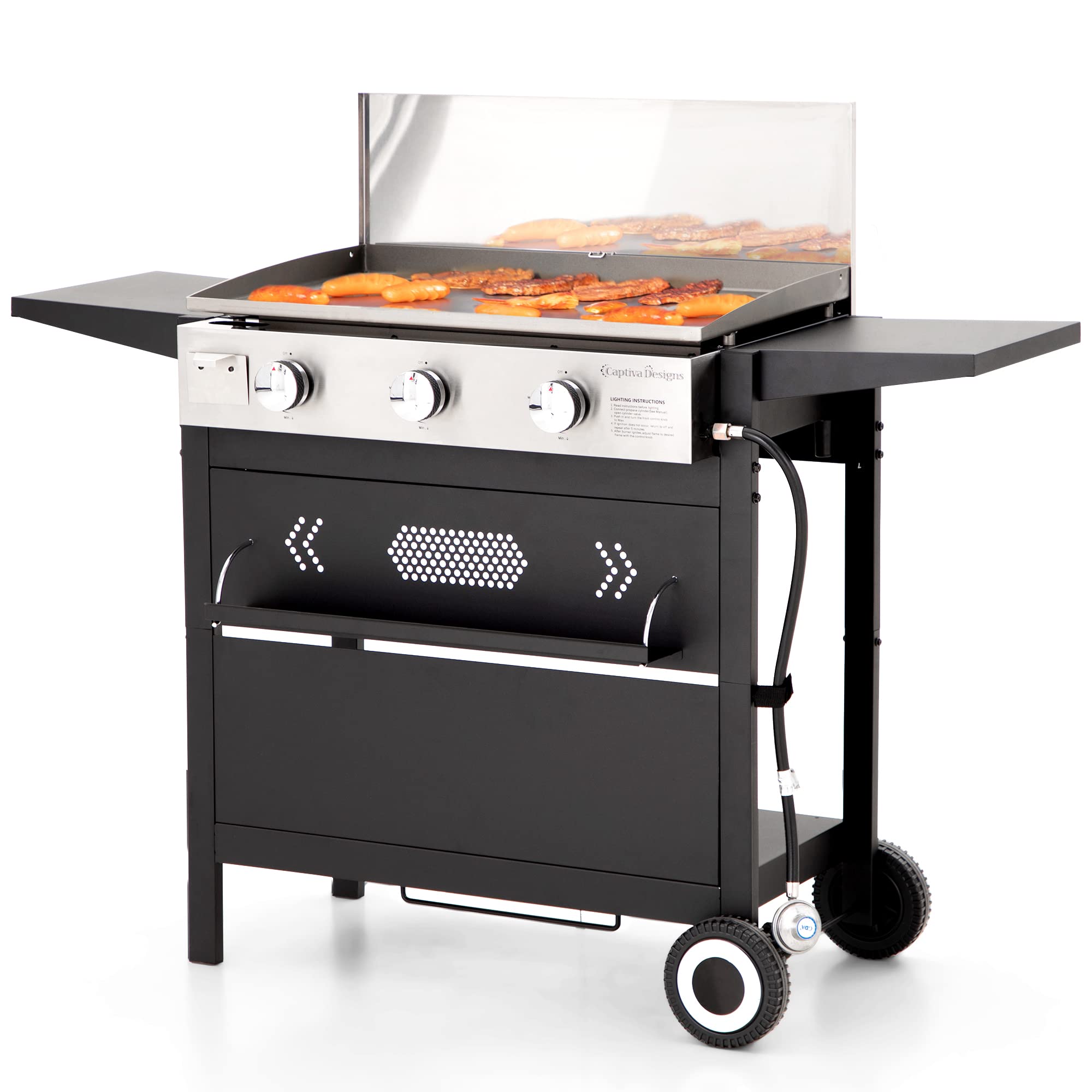 Captiva Designs Flat Top Gas Griddle Grill with Lid, 3-Burner Propane Flattop BBQ for Outdoor Cooking Kitchen, Can be Detached into Table Camping & Tailgating, 33,000 BTU Output
