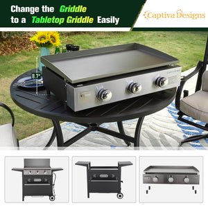 Captiva Designs Flat Top Gas Griddle Grill with Lid, 3-Burner Propane Flattop BBQ for Outdoor Cooking Kitchen, Can be Detached into Table Camping & Tailgating, 33,000 BTU Output
