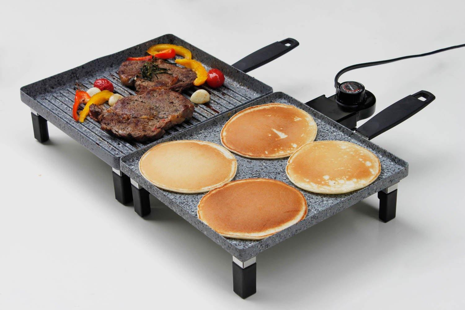 Steaks and pancakes on Atgrills electric griddle grill combo
