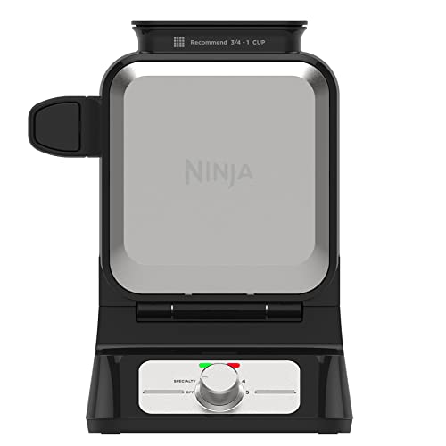 Ninja BW1001 NeverStick PRO, бельгийская вафельница, вертикальный дизайн, 5 настроек оттенка, с чашкой для точного налива и руководством по рецептам, составленным шеф-поваром, черный и серебристый