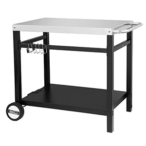 Royal Gourmet Dining Cart Table with Double-Shelf, Movable Stainless Steel Flattop Grill Cart, Hooks, Side Handle, Multifunctional and Commercial PC3401S (Silver)