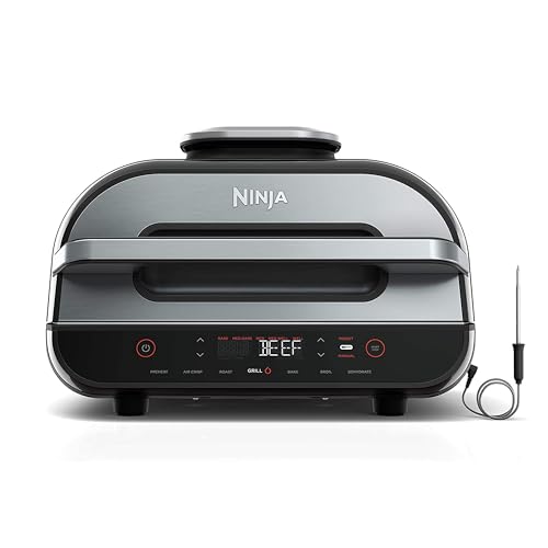 Ninja FG551 Foodi Smart XL Parrilla interior 6 en 1 con freír, asar, hornear, asar y deshidratar, termómetro inteligente, negro/plateado