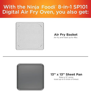 Цифровая настольная духовка для жарки Ninja SP101 с функциональностью 8-в-1, возможностью откидывания и складывания места для хранения, с корзиной для жарки, решеткой и поддоном для крошек, серебристого цвета