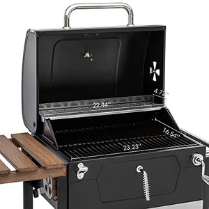 Royal Gourmet CD1824M 24 英寸木炭烤架，带手柄和折叠桌的烧烤吸烟器，非常适合户外露台、花园和后院烧烤，黑色，中号