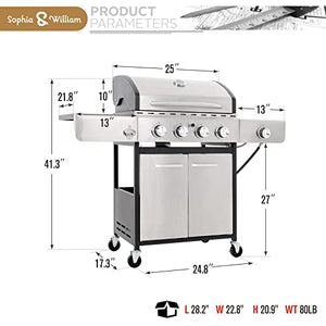 Sophia & William 4-Burner Gas BBQ Grill with Side Burner and Porcelain-Enameled Cast Iron Grates 42,000BTU Outdoor Cooking Stainless Steel Propane Grills Cabinet Style Garden Barbecue Grill, Silver