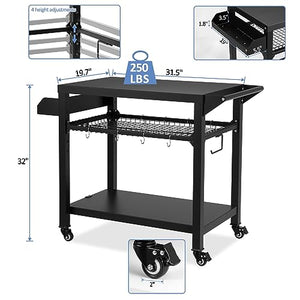 Spurgehom Outdoor Grill Cart, Pizza Oven Stand Table with Wheels for Outside Patio,Movable Kitchen Cooking Prep Table BBQ Cart with Mesh Racks for Home Party,Bar,Camping