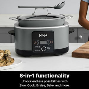 Ninja MC1001 Foodi MaybeCooker PRO 8.5 夸脱多功能炊具，带 8 合 1 慢炖锅、荷兰烤箱、蒸锅、玻璃盖集成勺子、不粘锅、烤箱安全锅，最高 500°F，海盐灰色