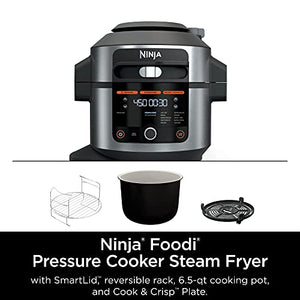 Ninja OL501 Foodi 6.5 cuartos. Freidora a vapor con olla a presión 14 en 1 con SmartLid, que fríe al aire, fermenta y más, con capacidad de 2 capas, 4.6 Qt. Plato crujiente y 25 recetas, plateado/negro