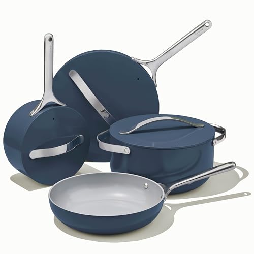 香菜不粘陶瓷炊具套装（12 件）锅、平底锅、盖子和厨房储物 - 无毒、不含 PTFE 和 PFOA - 烤箱安全且兼容所有炉灶（燃气、电和电磁炉） - 海军蓝