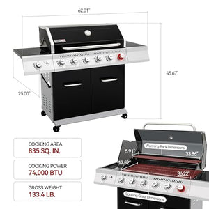 Royal Gourmet GA6402H 6-Burner Propane Gas Grill with Sear Burner and Side Burner, 74,000 BTU Cabinet Style Barbecue Grill for Outdoor BBQ Grilling and Backyard Cooking, Black