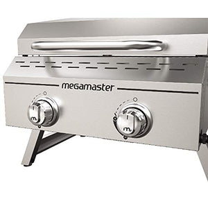 Megamaster Premium Parrilla para cocinar al aire libre con 2 quemadores, mientras acampa, cocina al aire libre, patio jardín, barbacoa con dos patas plegables, plateada en acero inoxidable