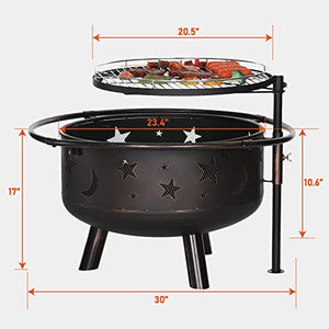 MFSTUDIO Fire Pit for Outside, 30 Inch Fire Pits with Grill, Outdoor Fire pits with Star & Moon Cutouts Pattern, Bonfire Wood Burning Round Firepit for Camping Patio Backyard