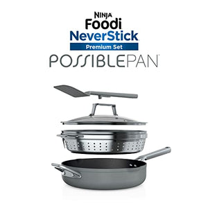 Ninja NeverStick PossiblePan, Premium Set with 4-Quart Capacity Pan, Steamer/Strainer Basket, Glass Lid & Integrated Spatula, Nonstick, Durable & Oven Safe to 500°F, Sea Salt Grey, CW102GY