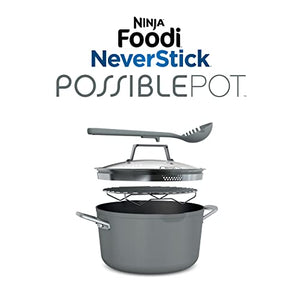 Ninja CW202GY Foodi NeverStick PossiblePot, ensemble haut de gamme avec casserole d'une capacité de 7 litres, grille à rôtir, couvercle en verre et cuillère intégrée, antiadhésive, durable et passe au four jusqu'à 500 °F, gris sel de mer