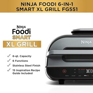 Ninja FG551 Foodi Smart XL 6-in-1 ایئر فرائی، روسٹ، بیک، برائل اینڈ ڈیہائیڈریٹ، اسمارٹ تھرمامیٹر، بلیک/سلور کے ساتھ انڈور گرل