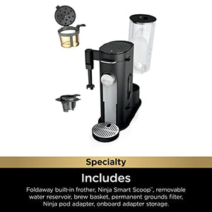Ninja PB051 Cafetera monodosis especial Pods &amp; Grounds, compatible con cápsulas K-Cup, espumador de leche incorporado, 6 oz. Taza a 24 oz. Tamaños de tazas de viaje, negras