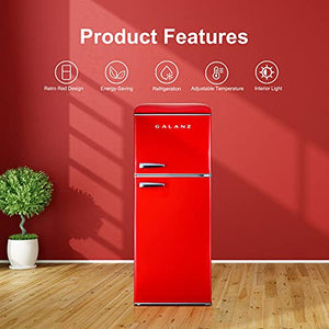Galanz GLR46TRDER 复古紧凑型冰箱，带冷冻室 迷你冰箱，双门，可调节机械恒温器，4.6 立方英尺，红色