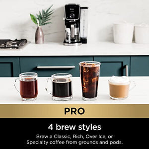 Ninja CFP301 DualBrew Pro 专业 12 杯滴滤机，带玻璃水瓶，单份咖啡粉，与 K-Cup 咖啡包兼容，具有 4 种冲泡风格，起泡器和独立热水系统，黑色