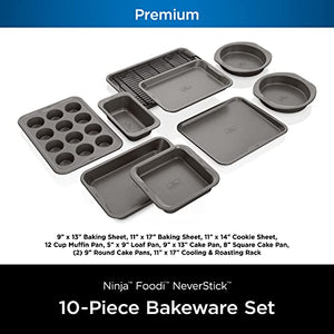 Ninja B39010 Foodi NeverStick Premium 10-Piece Bakeware Sheet Set, Oven Safe up to 500⁰F, with (2) Baking Sheets, Cookie Sheet, Loaf Pan, Muffin Pan, (4) Cake Pans & Cooling/Roasting Rack, Grey