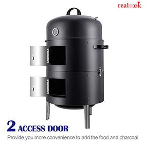 Realcook Fumoir à charbon de bois vertical en acier de 43,2 cm, barbecue rond robuste pour la cuisine en plein air, noir