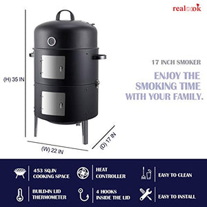 Realcook Ahumador de carbón vertical de acero de 17 pulgadas, parrilla de barbacoa redonda resistente para cocinar al aire libre, negro