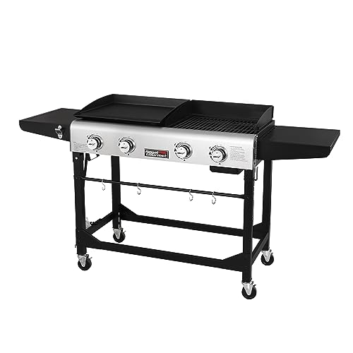 Royal Gourmet GD401 便携式丙烷燃气烧烤炉和煎锅组合，带边桌 | 4 燃烧器，折叠腿，多功能，户外 |黑色66寸