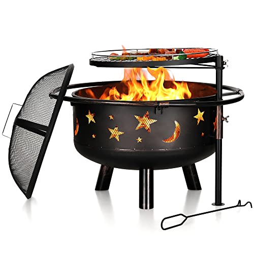 MFSTUDIO Fire Pit for Outside, 30 Inch Fire Pits with Grill, Outdoor Fire pits with Star & Moon Cutouts Pattern, Bonfire Wood Burning Round Firepit for Camping Patio Backyard