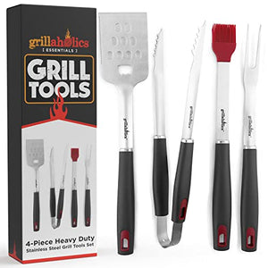 Grillaholics BBQ Grill Tools Set - 4-Piece Heavy Duty Stainless Steel Barbecue Grilling Utensils - Premium Grill Accessories for Barbecue - Spatula, Tongs, Fork, and Basting Brush (Grey)