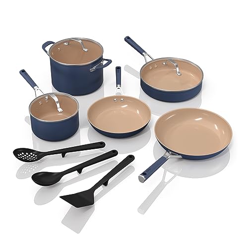 Ninja CW49011 Juego de utensilios de cocina de cerámica de larga duración de 11 piezas con agarre cómodo, sartenes antiadherentes, ollas, sin PFAS, apto para horno, apto para lavavajillas, compatible con todas las estufas e inducción, azul marino