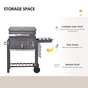 Outsunny Charcoal BBQ Grill, Outdoor Portable Cooker for Camping, Picnic or Backyard with Side Shelf, Bottom Storage Shelf, Wheels and Handle, Grey
