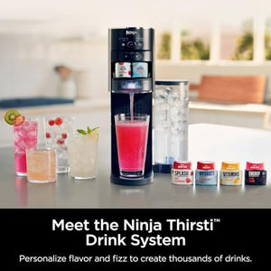 Ninja Thirsti 饮料系统，汽水机，制作独特的起泡饮料和非碳酸饮料，个性化尺寸和口味，碳酸水机，60L 二氧化碳钢瓶和各种风味水滴，黑色 WC1001