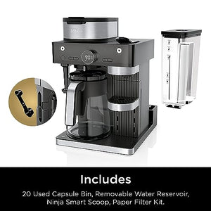 Ninja CFN601 Sistema barista de café y espresso, compatible con café de una sola porción y cápsulas Nespresso, jarra de 12 tazas, espumador incorporado, cafetera espresso, capuchino y latte, negro y acero inoxidable