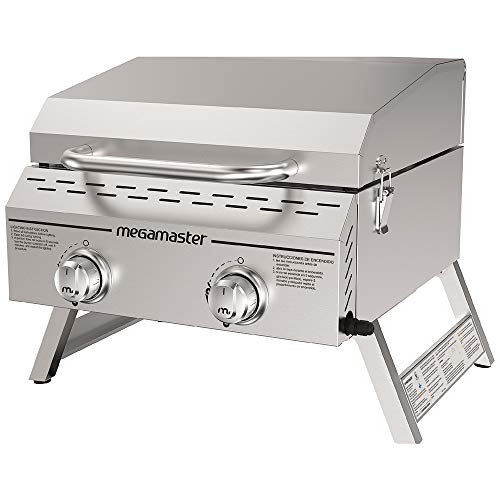 Megamaster Premium Outdoor Cooking 2-Burner Grill, While Camping, Outdoor Kitchen, Patio Garden, Barbecue with Two Foldable legs, Silver in Stainless Steel
