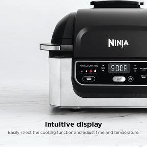 Ninja AG301 Foodi Parrilla eléctrica interior 5 en 1 con freír, asar, hornear y deshidratar - Programable, negro/plateado