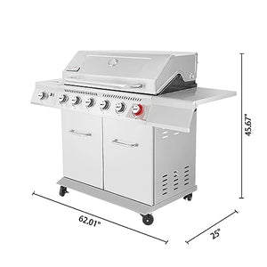 Royal Gourmet GA6402S Stainless Steel Gas Grill, Premier 6-Burner Propane BBQ Grill with Sear Burner and Side Burner, 74,000 BTU, Cabinet Style, Outdoor Barbecue Party Grill, Silver
