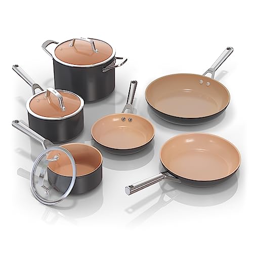 Ninja Extended Life Premium Ceramic Cookware 9 Piece Pots & Pans Set, Nonstick, PFAS Free, Ceramic Coated, Oven Safe to 550°F, All Stovetops & Induction Compatible, Grey, CW99009