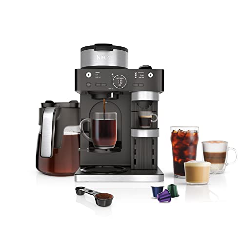 Ninja CFN601 Espresso- und Kaffee-Barista-System, Einzelportionskaffee und Nespresso-Kapseln kompatibel, 12-Tassen-Karaffe, integrierte Düse, Espresso-, Cappuccino- und Latte-Maker, Schwarz und Edelstahl