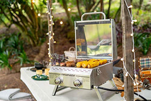 Megamaster Premium Parrilla para cocinar al aire libre con 2 quemadores, mientras acampa, cocina al aire libre, patio jardín, barbacoa con dos patas plegables, plateada en acero inoxidable