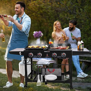 Royal Gourmet GD402 4-Burner Portable Flat Top Gas Grill and Griddle Combo with Folding Legs, 48,000 BTU, Black