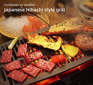 IronMaster Hibachi Grill Outdoor - Parrilla de carbón portátil pequeña, 100% hierro fundido, parrilla japonesa Yakitori de mesa para acampar - Superficie de rejilla de cocción de 16.5" x 10.2" para 5-6 personas