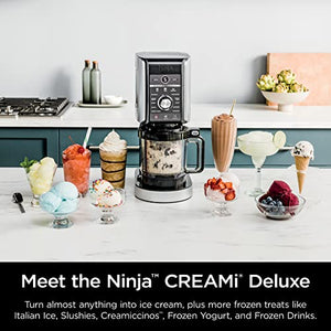 Ninja NC501 CREAMi 豪华 11 合 1 冰淇淋和冷冻食品机，适用于冰淇淋、冰糕、奶昔、冷冻饮料等，11 个程序，配有 2 个 XL 家庭尺寸品脱容器，非常适合儿童，银色