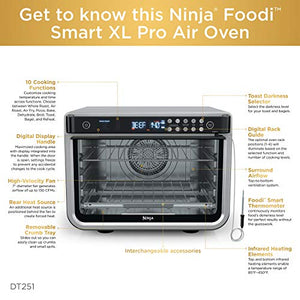 Ninja DT251 Foodi 10 en 1 Smart XL Air Fry Oven, hornear, asar, tostar, asar, tostadora digital, termómetro, convección verdaderamente envolvente hasta 450 °F, incluye 6 bandejas y guía de recetas, plateado