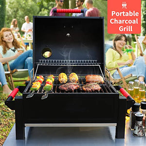 Feasto Portable Charcoal BBQ Grill Grates with Cast Iron Grill, Tabletop Charcoal Grill with 354 Sq. In Cooking Area, for Outdoor Camping and Picnic, Black, L26.8’’x W20’’x H21.3’’