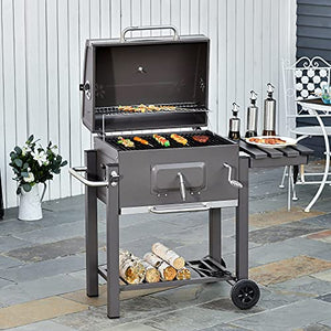 Outsunny Charcoal BBQ Grill, Outdoor Portable Cooker for Camping, Picnic or Backyard with Side Shelf, Bottom Storage Shelf, Wheels and Handle, Grey