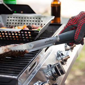 Grillaholics Ensemble d'outils de barbecue – 4 pièces robustes en acier inoxydable – Accessoires de barbecue de qualité supérieure pour barbecue – Spatule, pinces, fourchette et brosse à badigeonner (gris)
