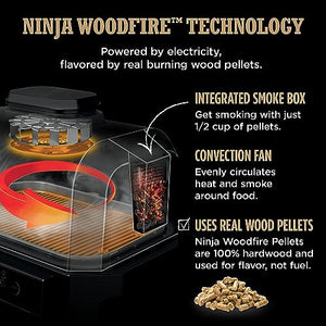 Ninja OG850 Woodfire Pro XL آؤٹ ڈور گرل اور سموکر بلٹ ان تھرمامیٹر کے ساتھ، 4-in-1 ماسٹر گرل، BBQ سموکر، آؤٹ ڈور ایئر فرائر، بیک، پورٹیبل، الیکٹرک، بلیو