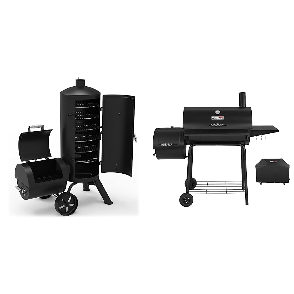 Dyna-Glo Signature Series DGSS1382VCS-D Heavy-Duty Vertical Offset Charcoal Smoker & Grill & Royal Gourmet CC1830SC Charcoal Grill Offset Smoker with Cover, 811 Square Inches, Black, Outdoor Camping