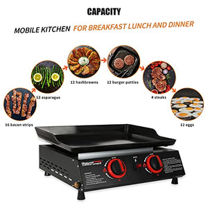 Royal Gourmet PD1203A 18-Inch 2-Burner Portable Tabletop Griddle, 16,000 BTU Propane Gas Grill Tabletop Usa for Patio, Deck, Backyard, Tailgating, Camping and Picnic, Black