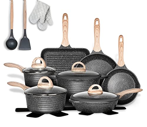 JEETEE Pots and Pans Set Nonstick 20PCS, Granite Coating Induction Compatible with Frying Saucepan, Sauté Pan, Grill Cooking Pots, PFOA Free, (Grey, Cookware Set)